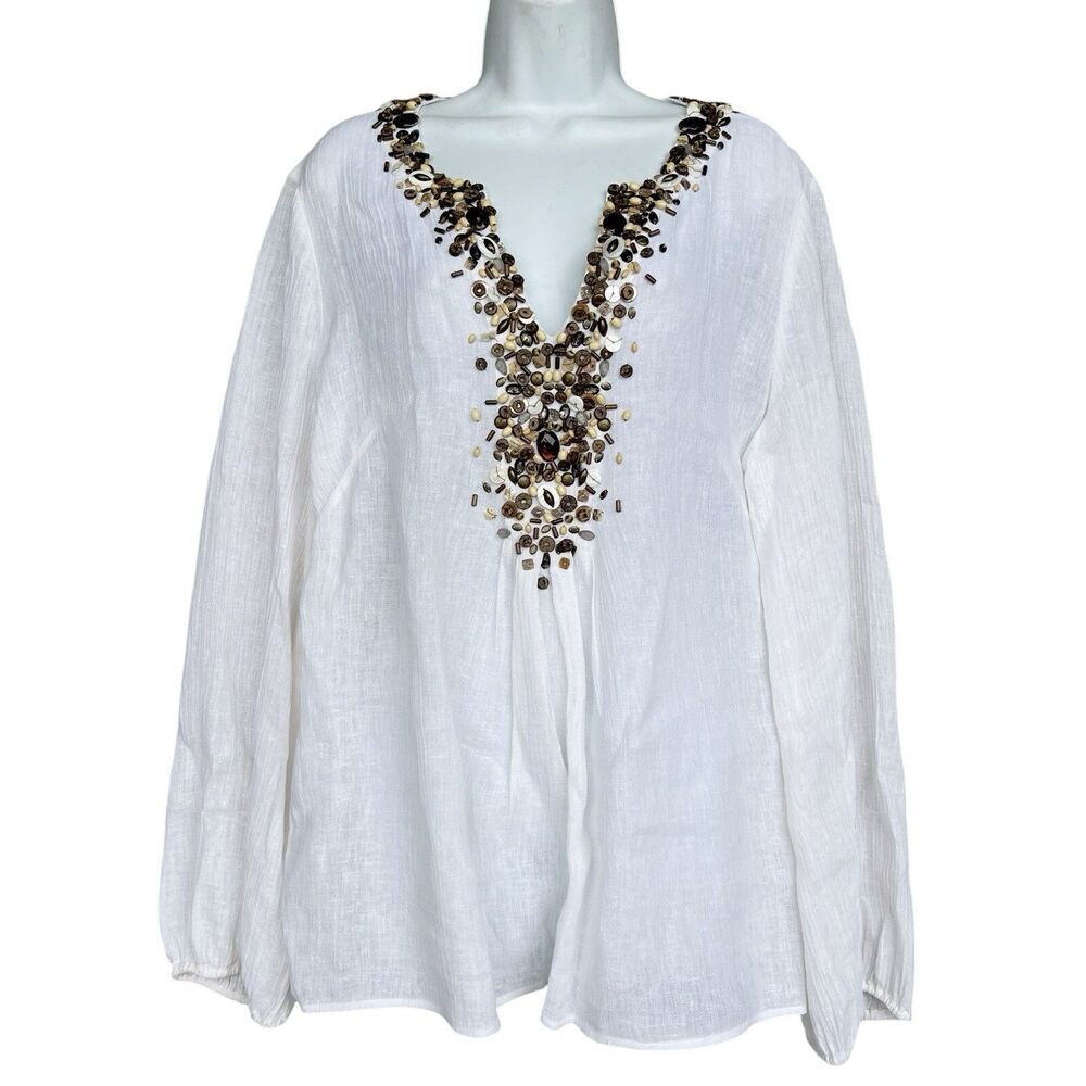 Lafayette 148 Beaded Linen Top Long Sleeve Coastal V-neck Blouse Size 12 White